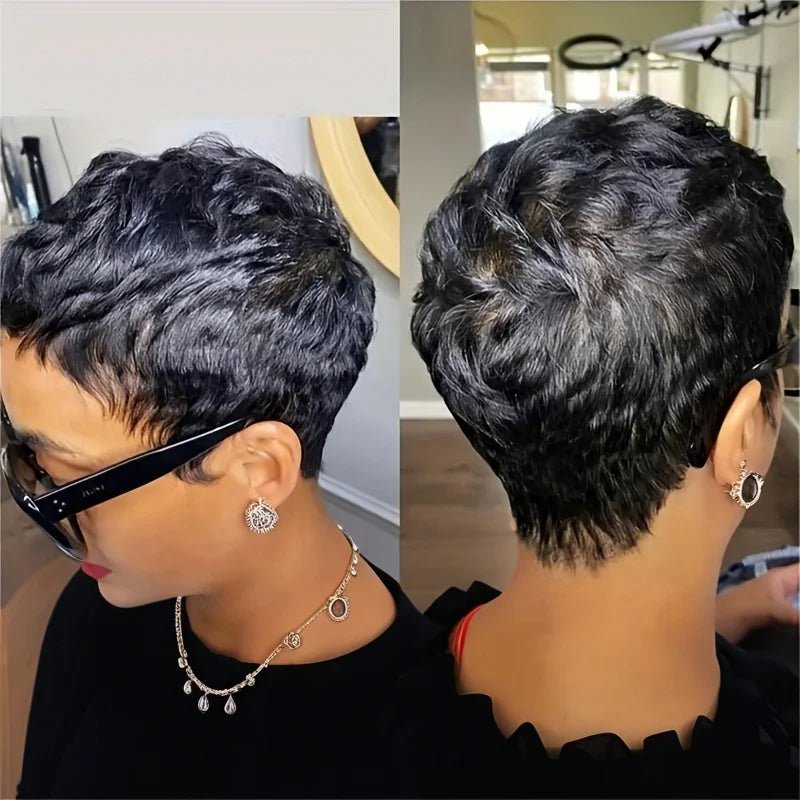 6-inch short straight pixie wig with pre-styled bangs, 100% human hair, tangle-free, natural hairline, for women by Showlu Fashion.