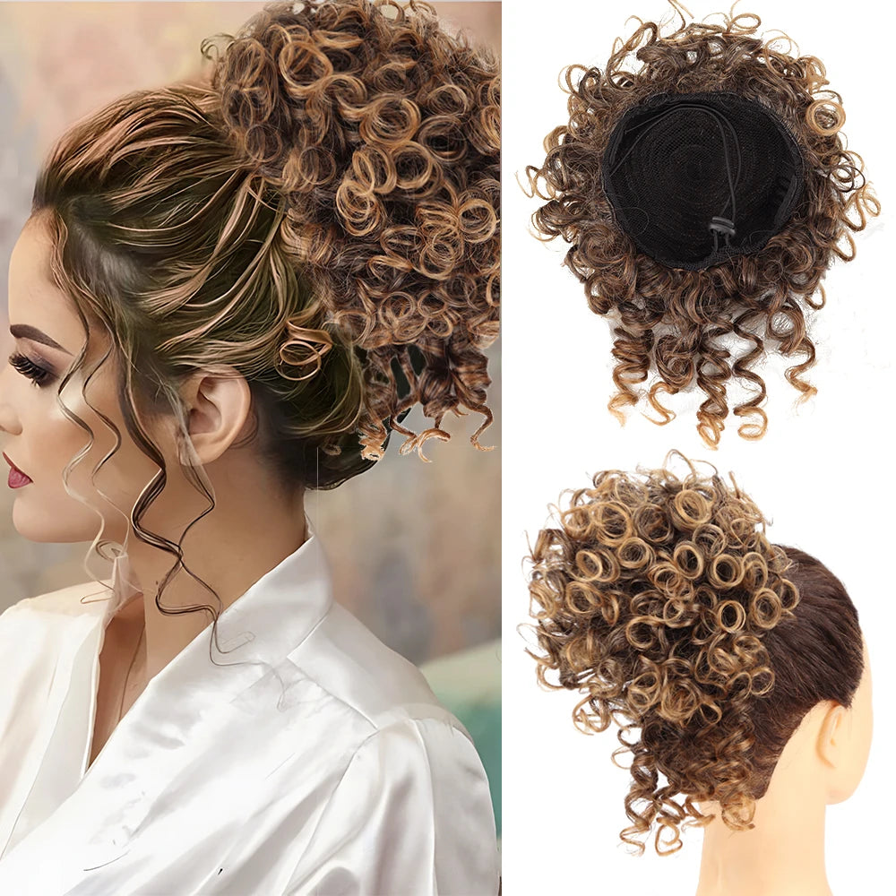 Synthetic Messy Bun Hair Piece 60g Elastic Drawstring Loose Wave Curly Hair Buns Hair Piece Extensions For Women Dark Brown