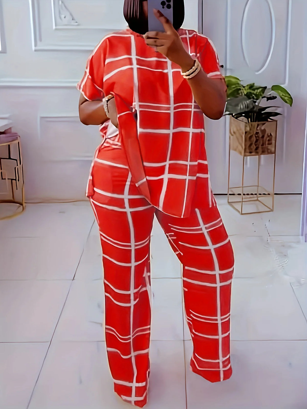 Spring Autumn New Women's Fashion Elements Striped Grid Printed Casual Round Neck Large Comfortable Two Piece Set