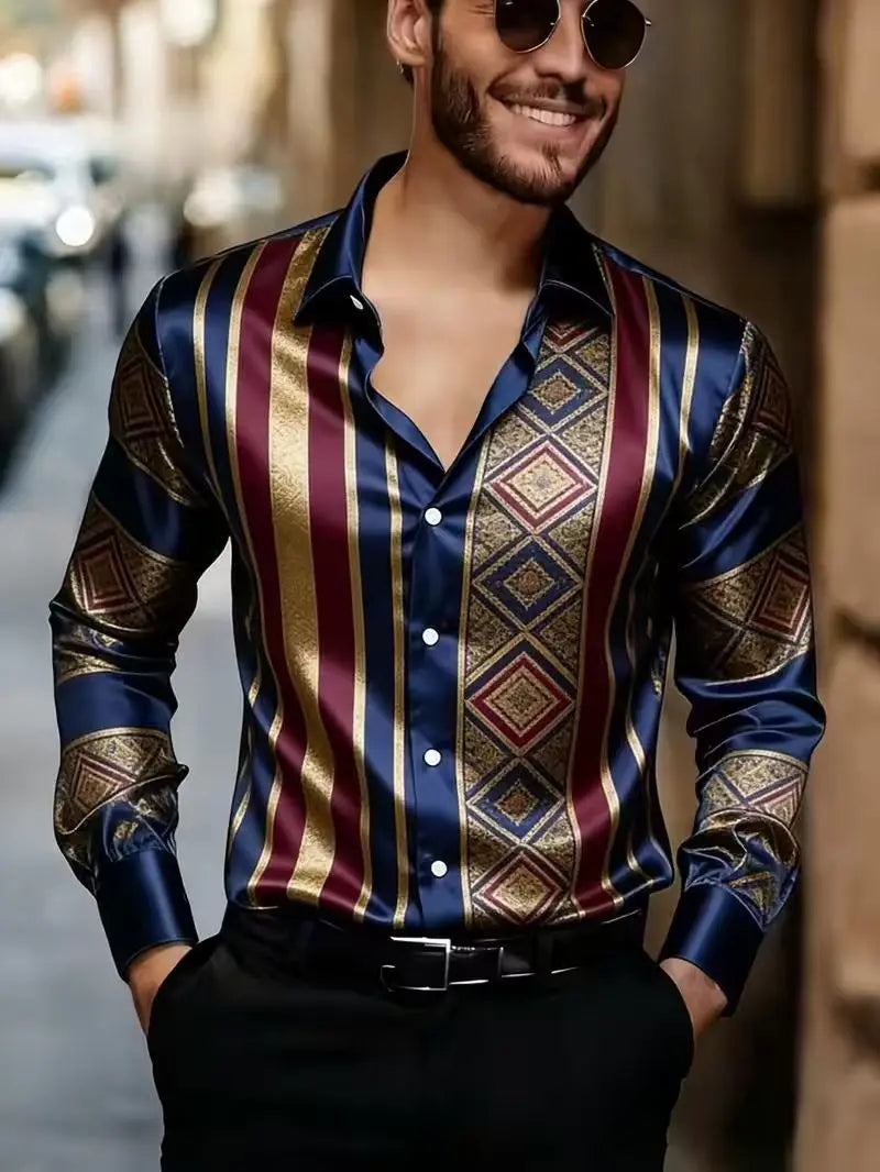 Showlu Men's slim fit long sleeve silk shirt with iris flower 3D print, showcasing vibrant floral design and elegant style.