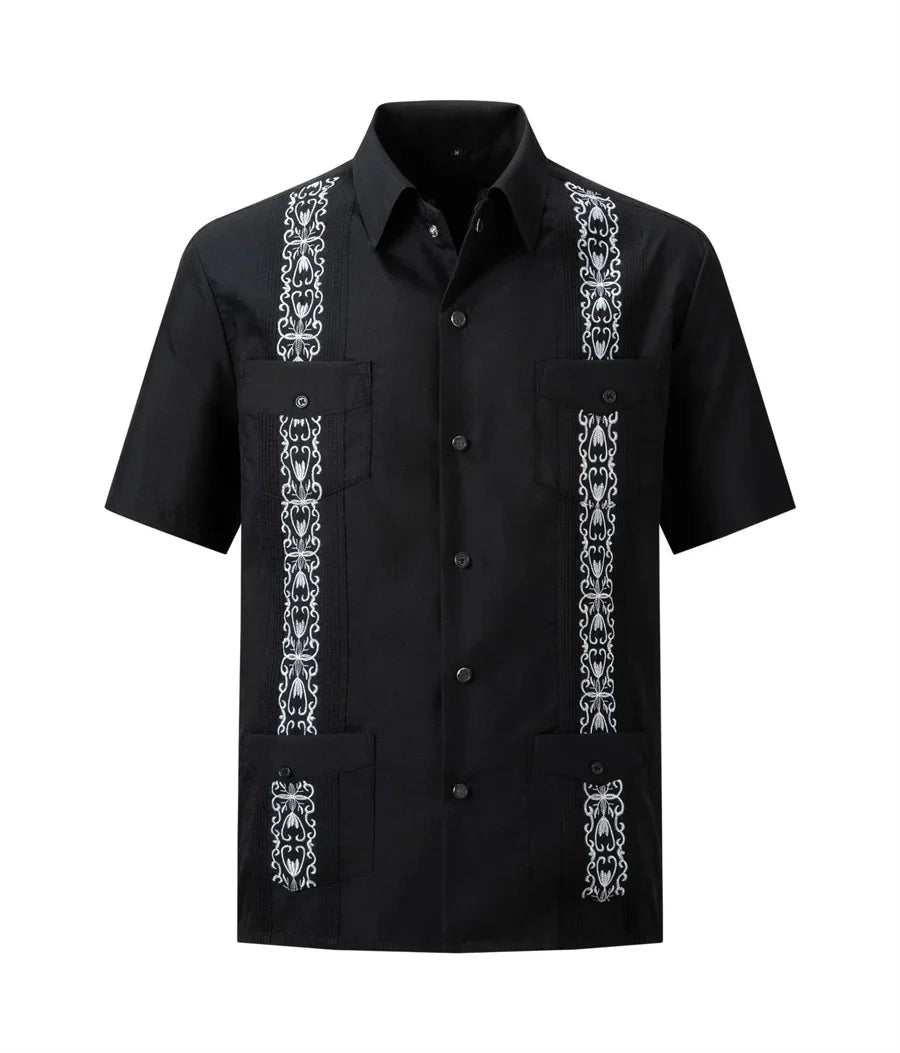 Men's white Guayabera shirt from Showlu Fashion with embroidered Cuban style, featuring traditional design and lightweight fabric.