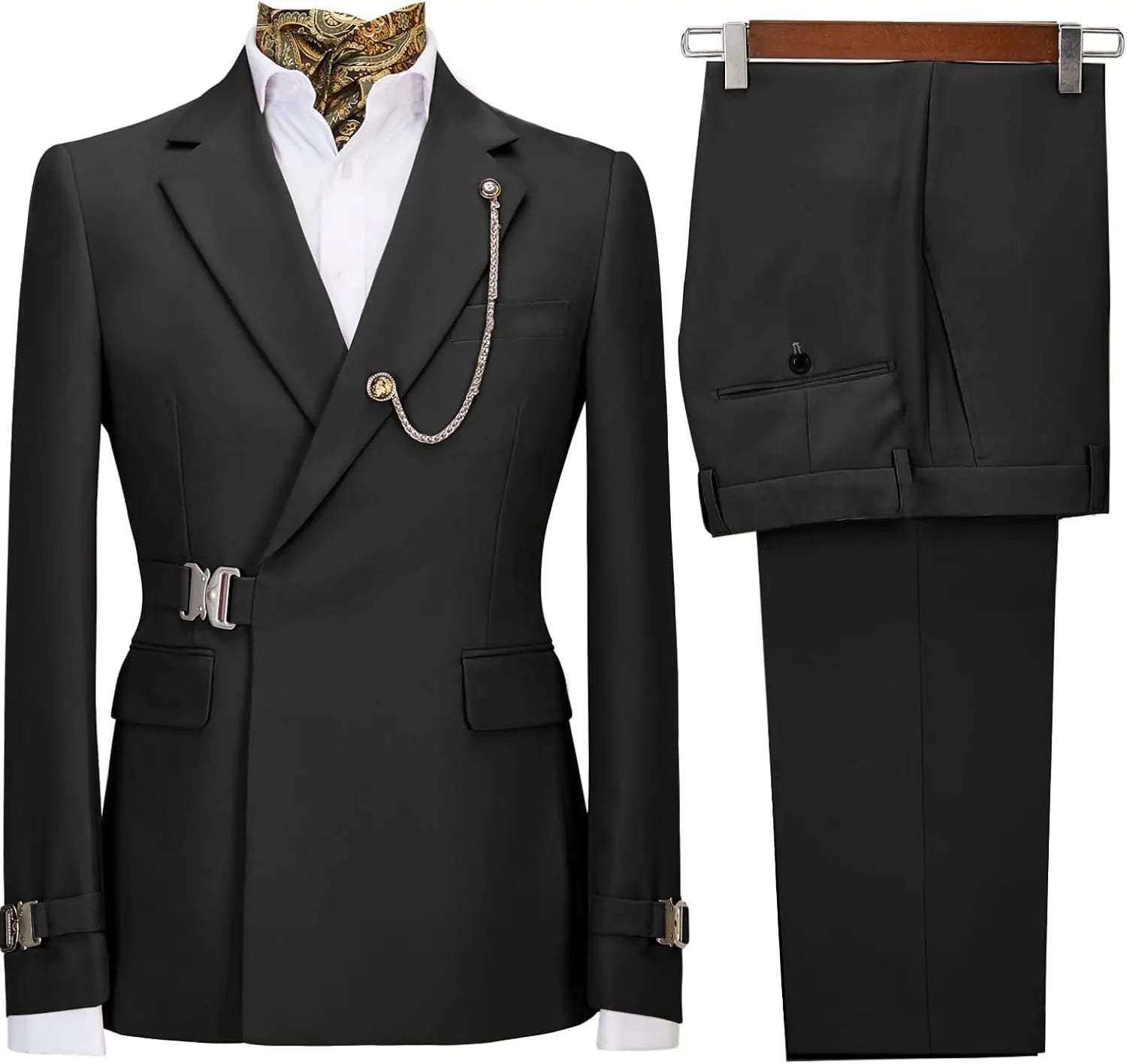 Men's slim fit tuxedo suit with metal clasp, stylish business casual 2-piece suit featuring tailored design and modern fit.