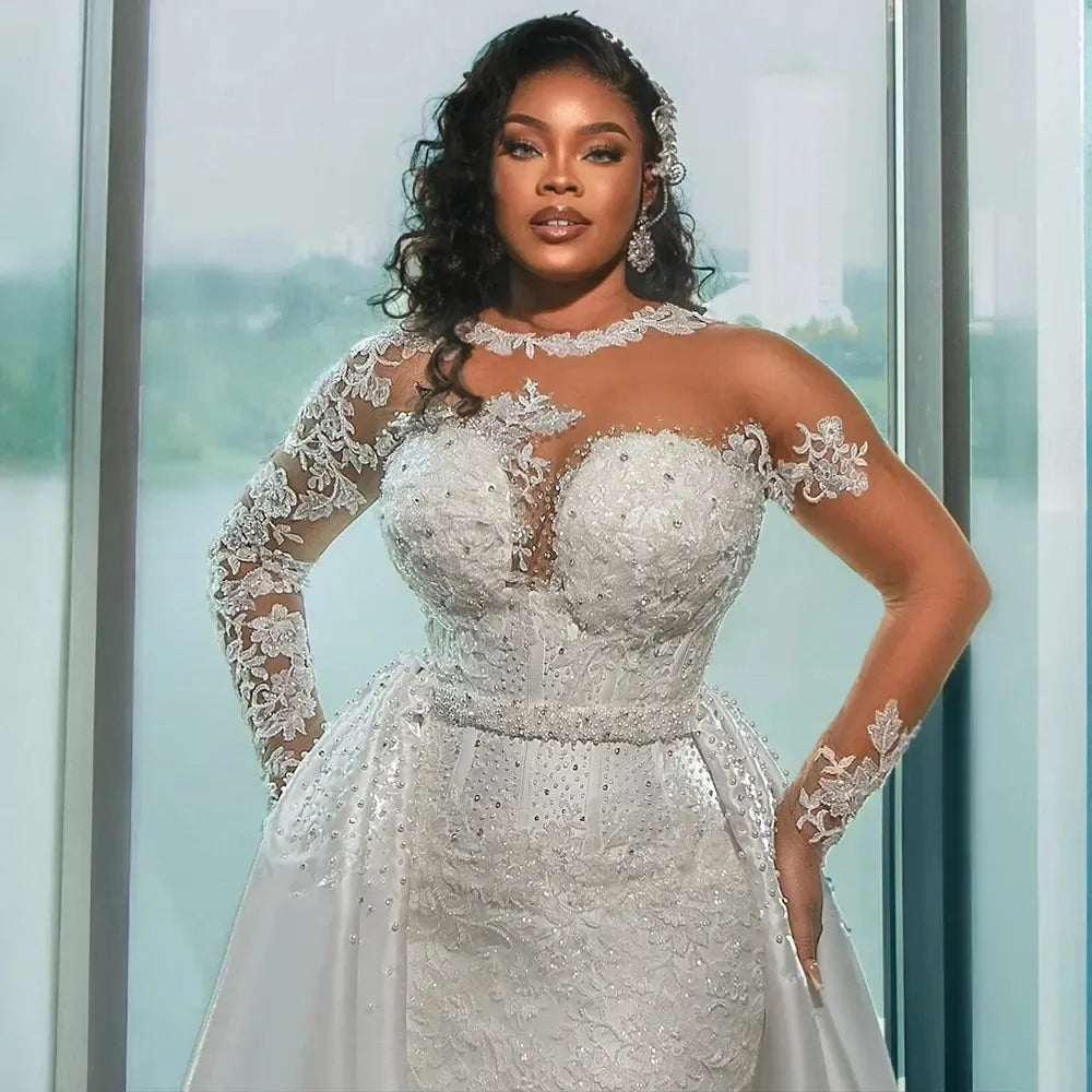 Vinca Sunny Arabic Mermaid wedding dress with lace applique and beaded details, elegant bridal gown from SHOWLU FASHION STORE