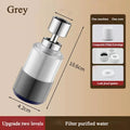 Showlu Universal Rotary Faucet Filter in brass and ABS with 2-gear water purification system attached to a kitchen faucet.