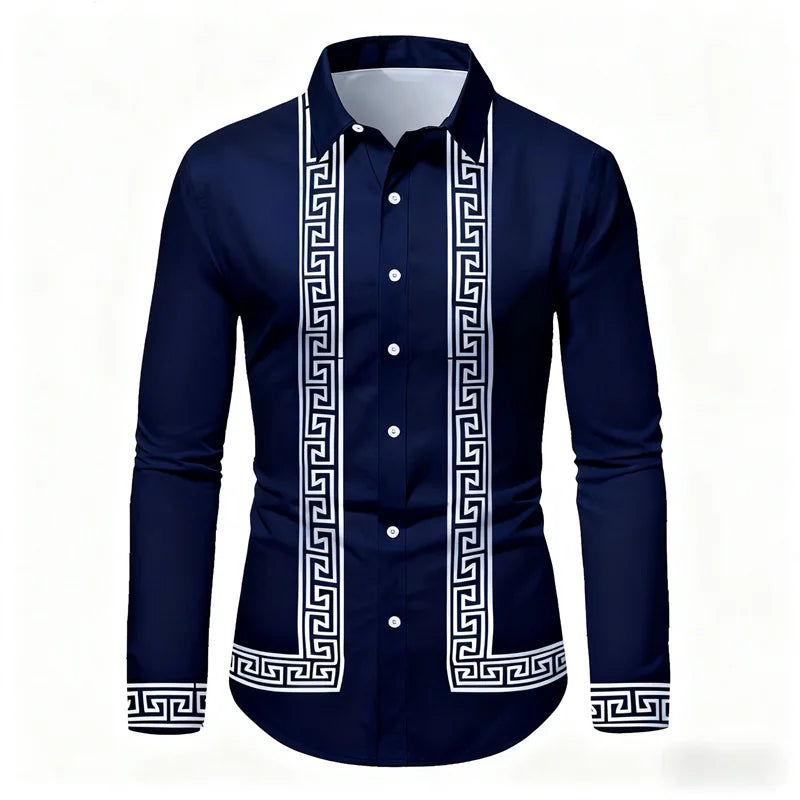 Men's retro geometric print long-sleeve shirt in black and white with slim fit, stylish casual long-sleeve top by Showlu Fashion.
