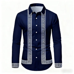Men's Retro Geometric Print Long-Sleeve Shirt, Stylish Black and White Color-Blocked Slim Fit Shirt, Casual and Versatile Top