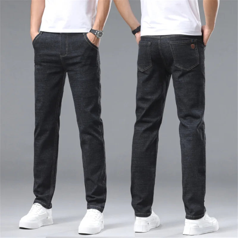 Men's 2024 casual denim jeans by Showlu Fashion, loose straight fit, elastic waist, slim fit, large size 38-40, stylish business trousers