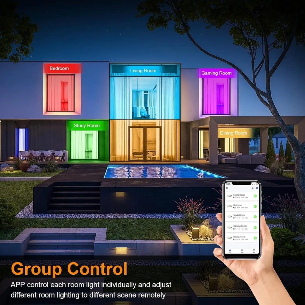 Showlu Smart RGB LED ceiling light with WiFi and Zigbee connectivity, featuring adjustable colors and modern design.