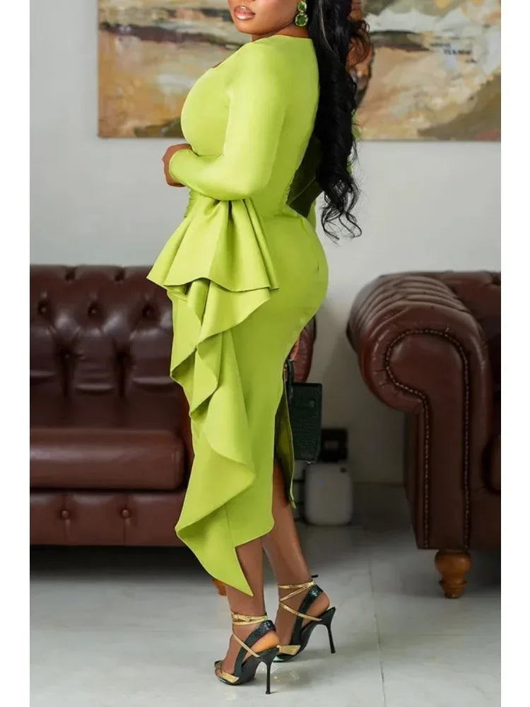 Elegant African party dress for women, green long sleeve polyester bodycon dashiki, perfect for autumn events.