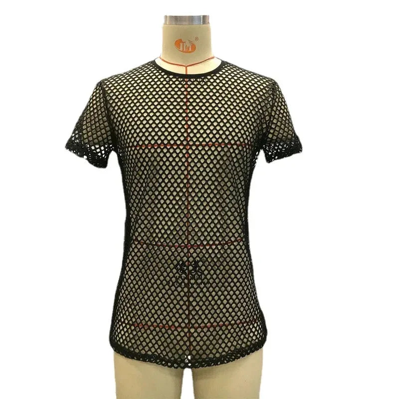 Sexy Fishnet Transparent Men's T-shirt Muscular Men Tight See-through T-shirt Top Summer Beach Men's Wear Crew Neck Pullover Top SHOWLU FASHION STORE