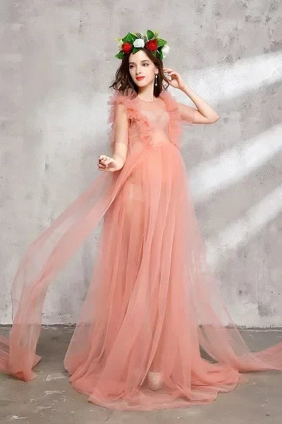 Champagne lace maternity maxi dress by Showlu Fashion Store, flowing design perfect for photoshoots and special occasions.