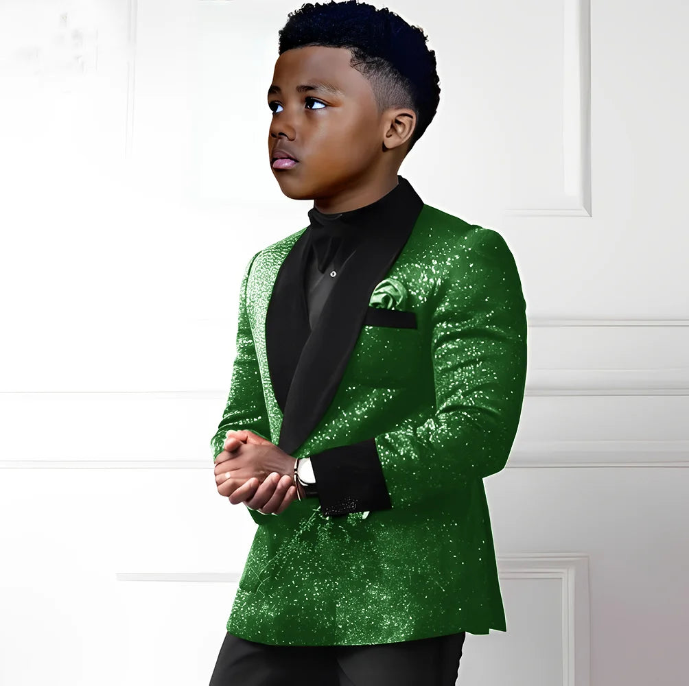 Sequin boys suit 2-piece set with double-breasted blazer and pants, stylish kids wedding tuxedo for ages 2-16, Showlu Fashion.
