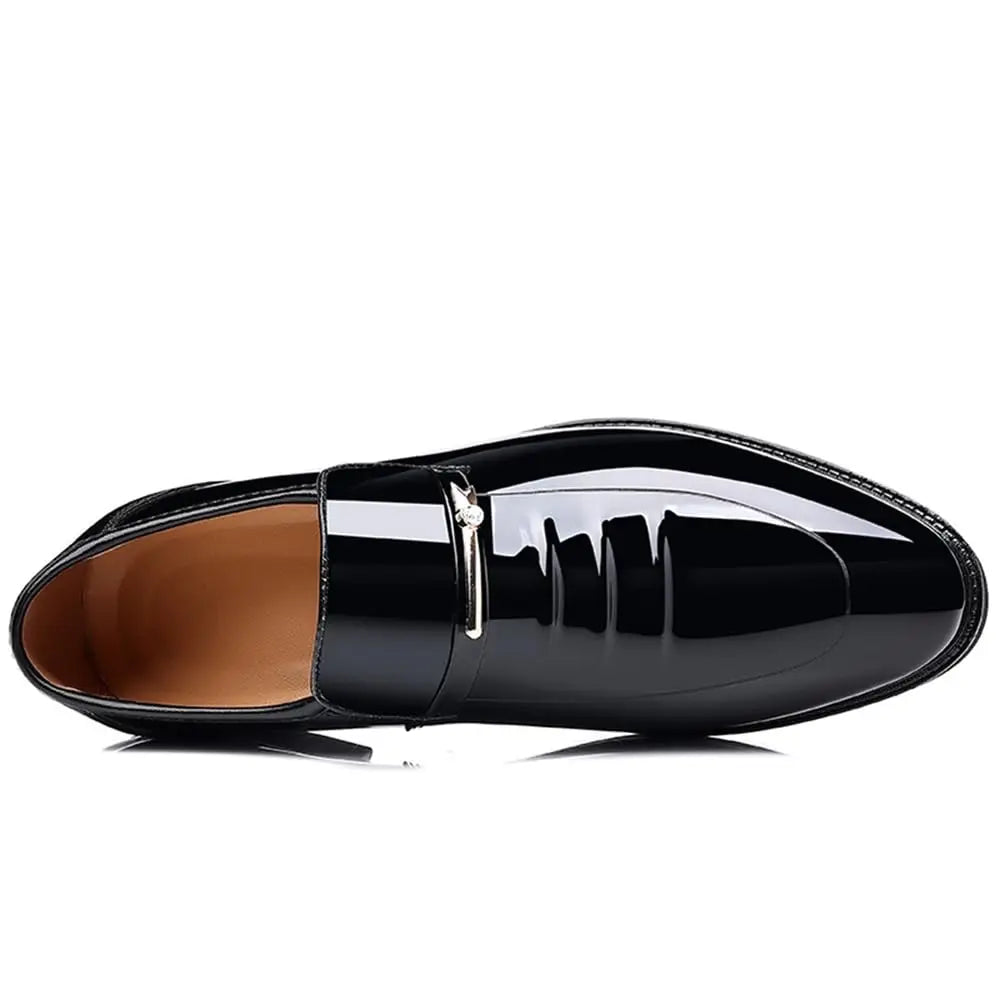 Showlu Men's patent leather Oxford loafers, formal slip-on dress shoes with sleek, shiny finish and classic design.