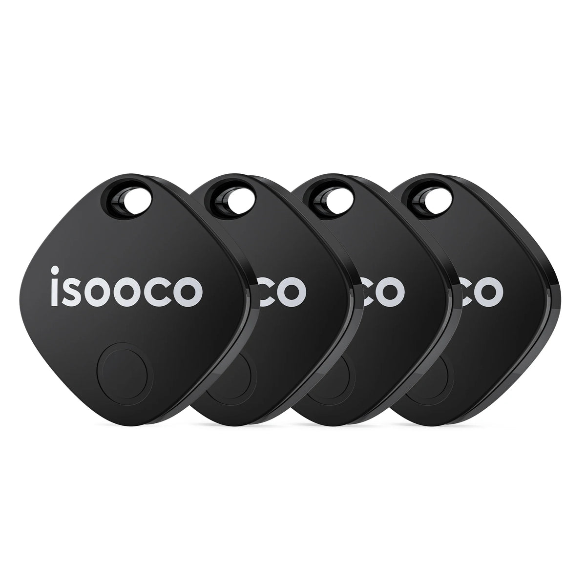 Four black square-shaped smart key finders with rounded corners and a hole for a keychain.