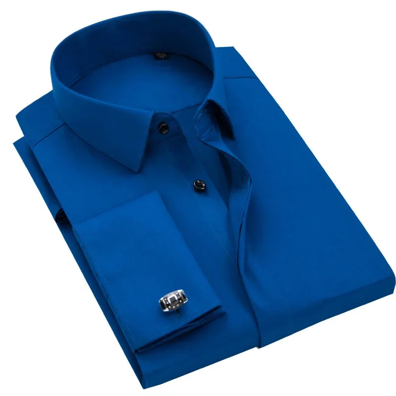 French Cufflink Men's Long Sleeve Bamboo Fiber Covered Button Shirt Slim Fit  Wedding Dress Sleeve Spikes Business Dress  Shirt