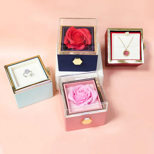 1PC Rotating Eternal Rose Flower Jewelry Box Ring Earrings Necklace Storage Boxes Wedding Valentine's Day Gift Boxes for Lovers