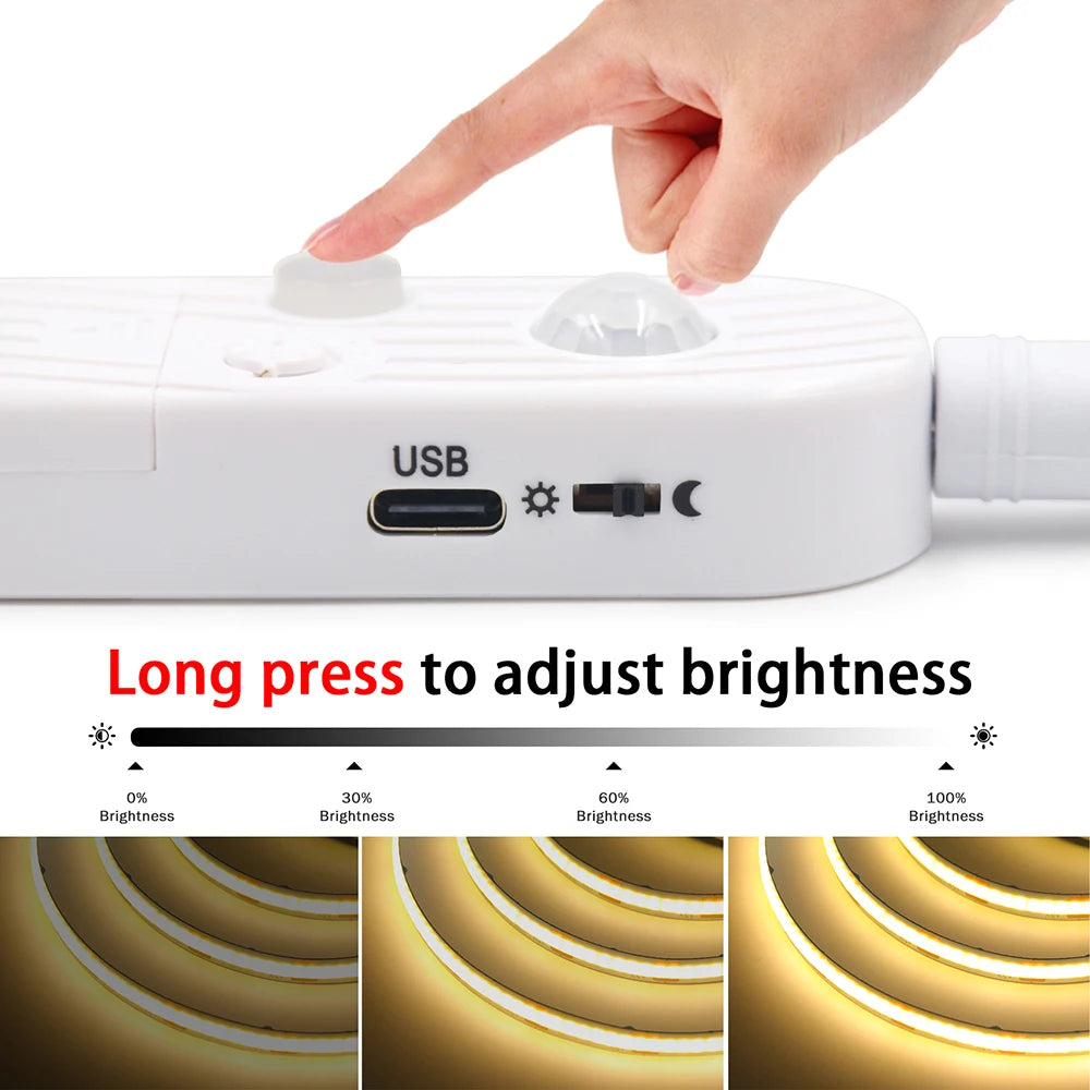 Showlu Smart Motion Sensor LED Strip Light with USB, 5V, flexible design, illuminated strip with motion detection feature.