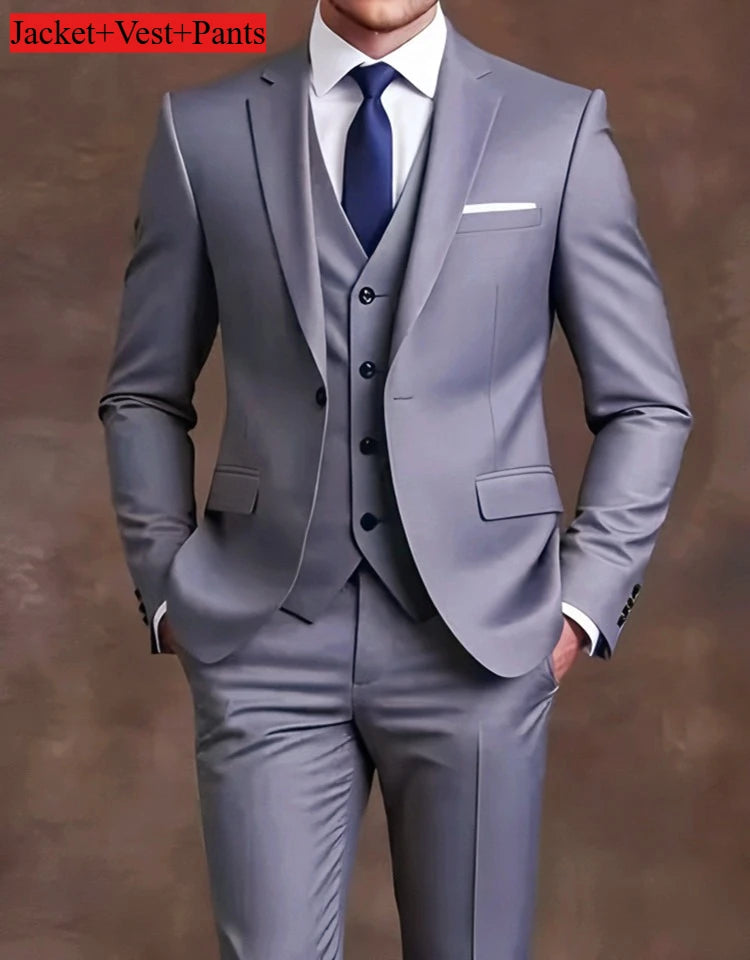 Elegant men's slim fit black tuxedo suit set for weddings and formal occasions, featuring a tailored jacket and matching trousers.