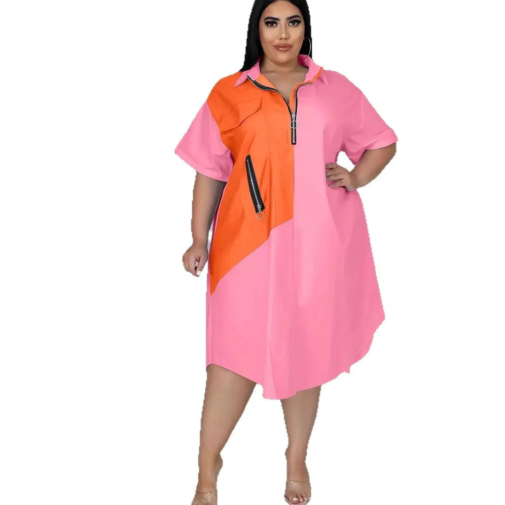 Showlu Women's plus size loose zipper shirt dress with 3D print, casual style, lightweight fabric, and relaxed fit.