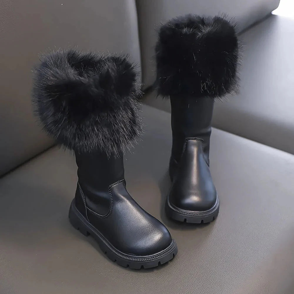 Girls' waterproof snow boots by SHOWLU FASHION STORE with faux fur lining, mid-calf height, ideal for winter snow and cold weather.