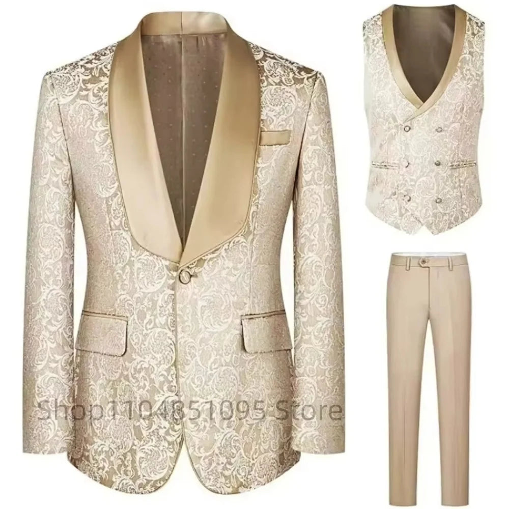 Elegant men's champagne jacquard tuxedo suit with Xale lapel blazer, perfect for groom or best man wedding attire.
