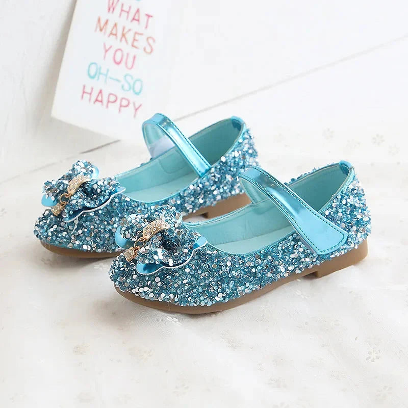 Showlu girls' sequin rhinestone princess flats with pink PU leather, shiny sequins, and rhinestone embellishments for kids' footwear.