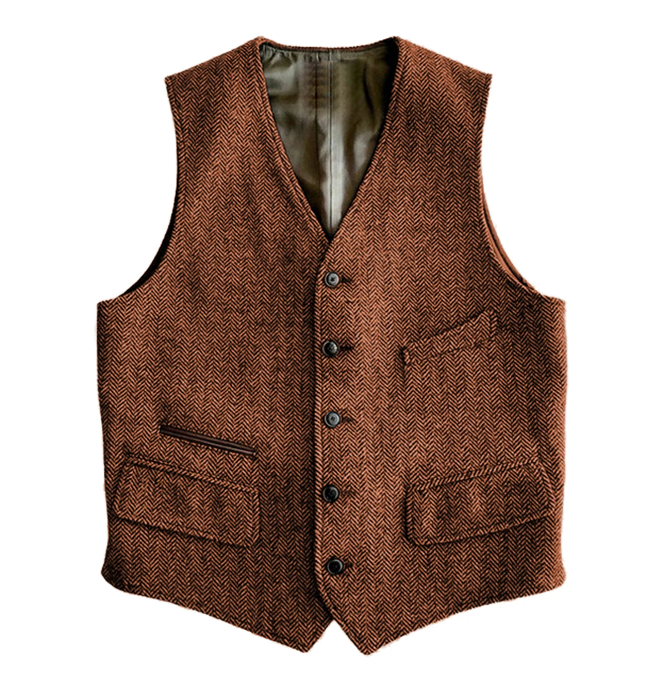 Men's Vest Male Slim Fit Herringbone Fabric Waistcoat Elegant Tweed Vest for Wedding Groomsmen