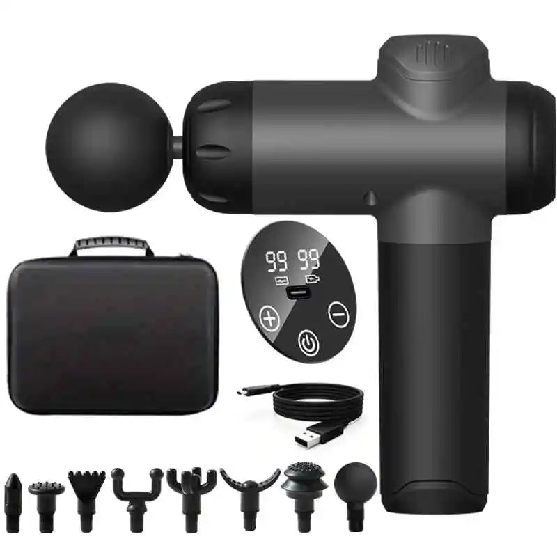 Deep tissue massage gun with 6/99 speeds and 4 massage heads, designed for athletes' muscle relief and body massage.