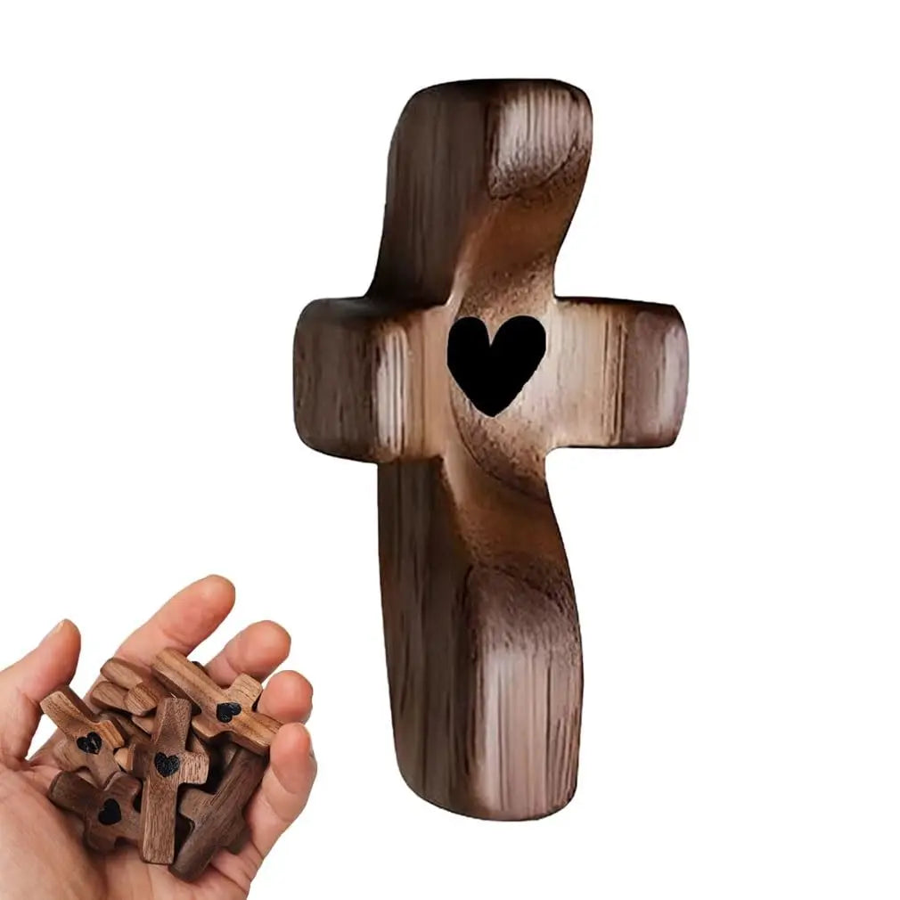Showlu Wooden Pocket Cross with heart design, fingertip stress relief toy, portable wooden religious gift for relaxation and spiritual comfort.