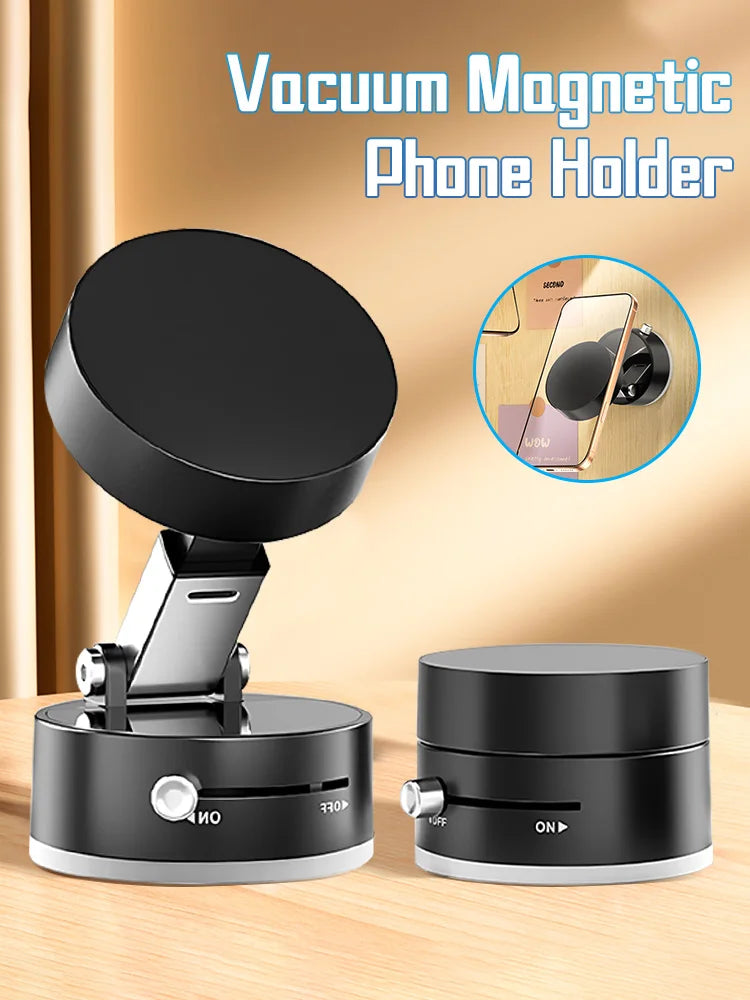 Mini magnetic suction cup car phone holder for iPhone and Android, showing the compact design and secure grip on a vehicle dashboard.