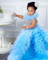 Gorgeou Flower Girls Dress Little Baby Girl Sky Blue Tulle Fluffy Applique for Party Kids Wedding Ball Birthday Evening Gowns