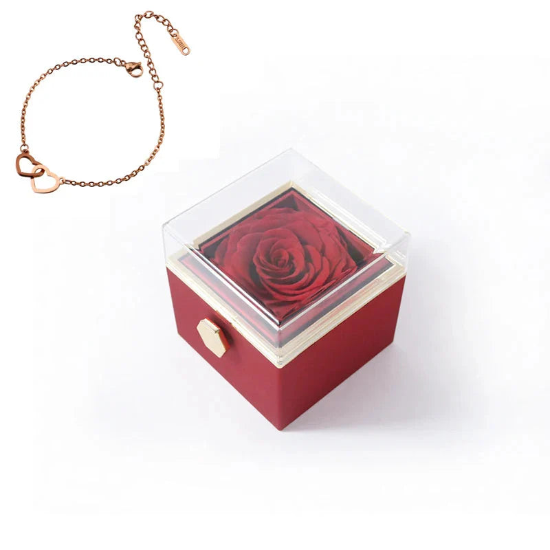 Double heart steel bracelet by SHOWLU FASHION with eternal rose in a box, stylish jewelry accessory for special occasions.