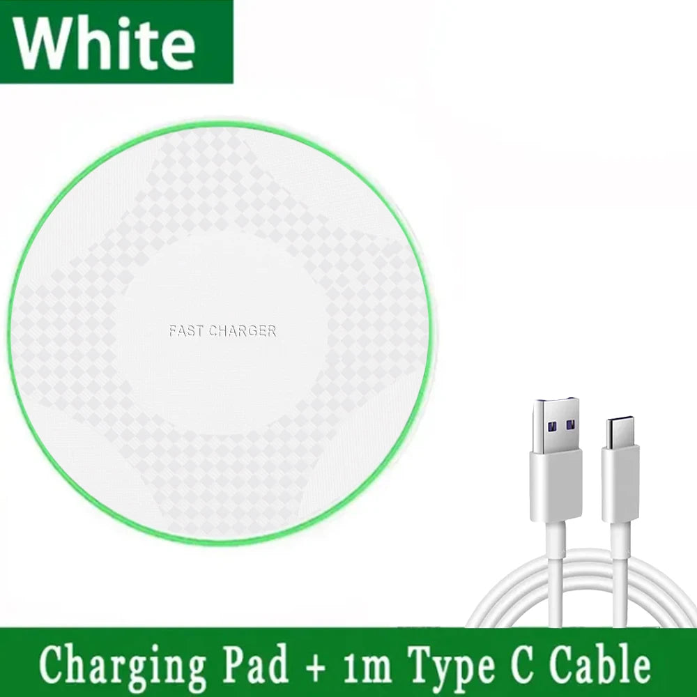 Wireless charging pad by Showlu Smart General, sleek design with a phone placed on the pad for charging.