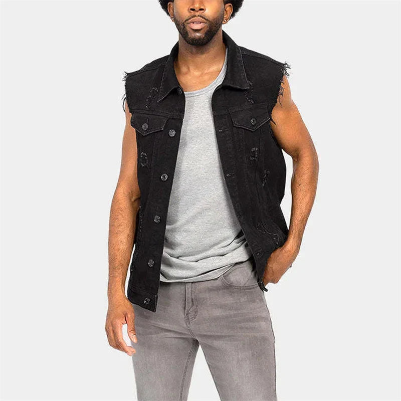 Soniaox men's denim vest with raw cut edges, western cowboy style waistcoat, shown in dark blue denim fabric.