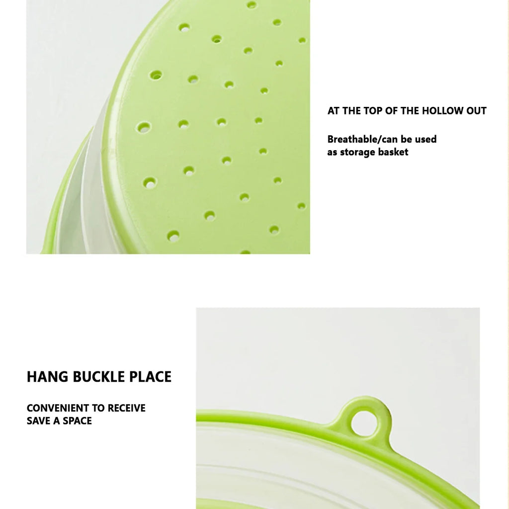 Showlu Smart General silicone microwave cover, flexible and heat-resistant, with vent holes for steam release, placed over a microwave dish.