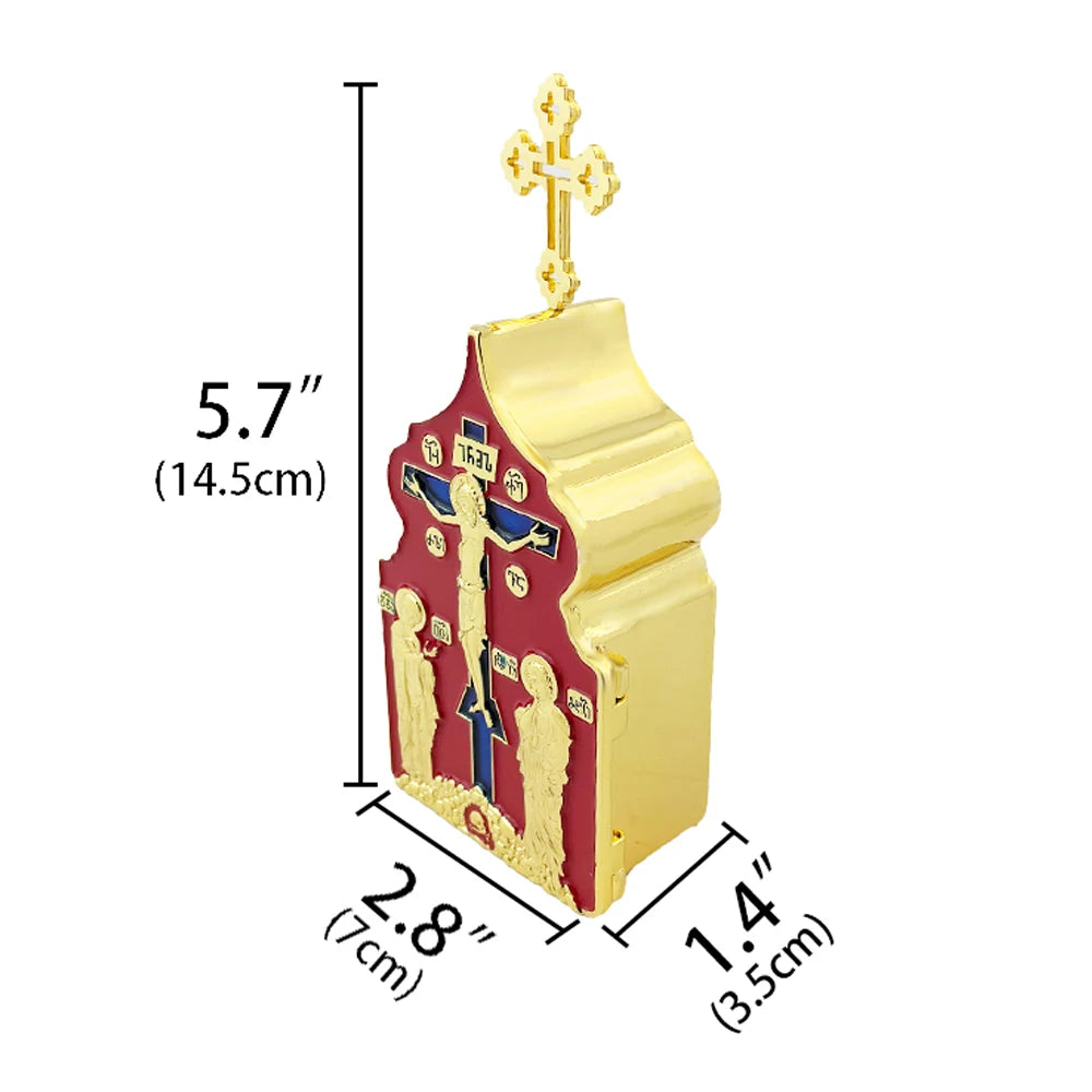 Showlu Metal Jesus Crucifix set with Bible box, rosary, and candle decor displayed on a wooden surface.