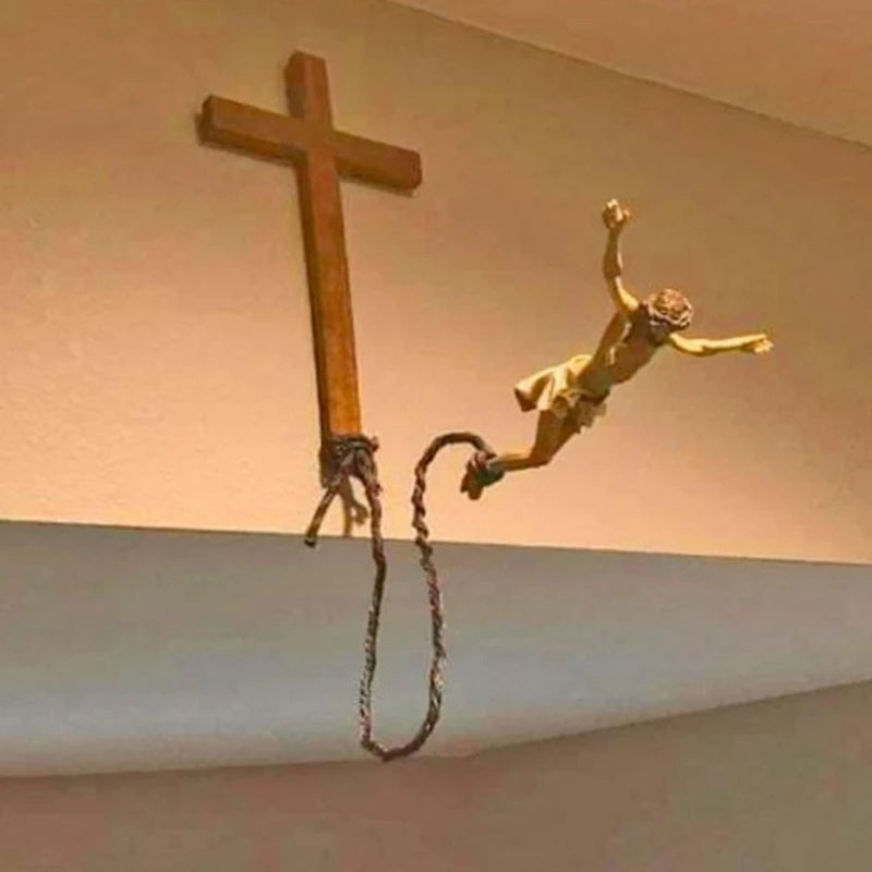 Handmade wooden resin sculpture of Bungee Jumping Jesus, religious artwork decorative wall ornament by Showlu Fashion Store