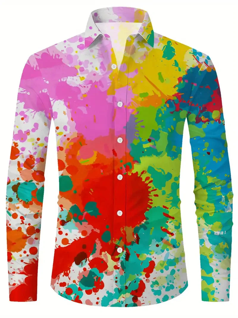 Men's casual long sleeve shirt with colorful 3D splash print and flap pockets, featuring vibrant printed design from Showlu Fashion.
