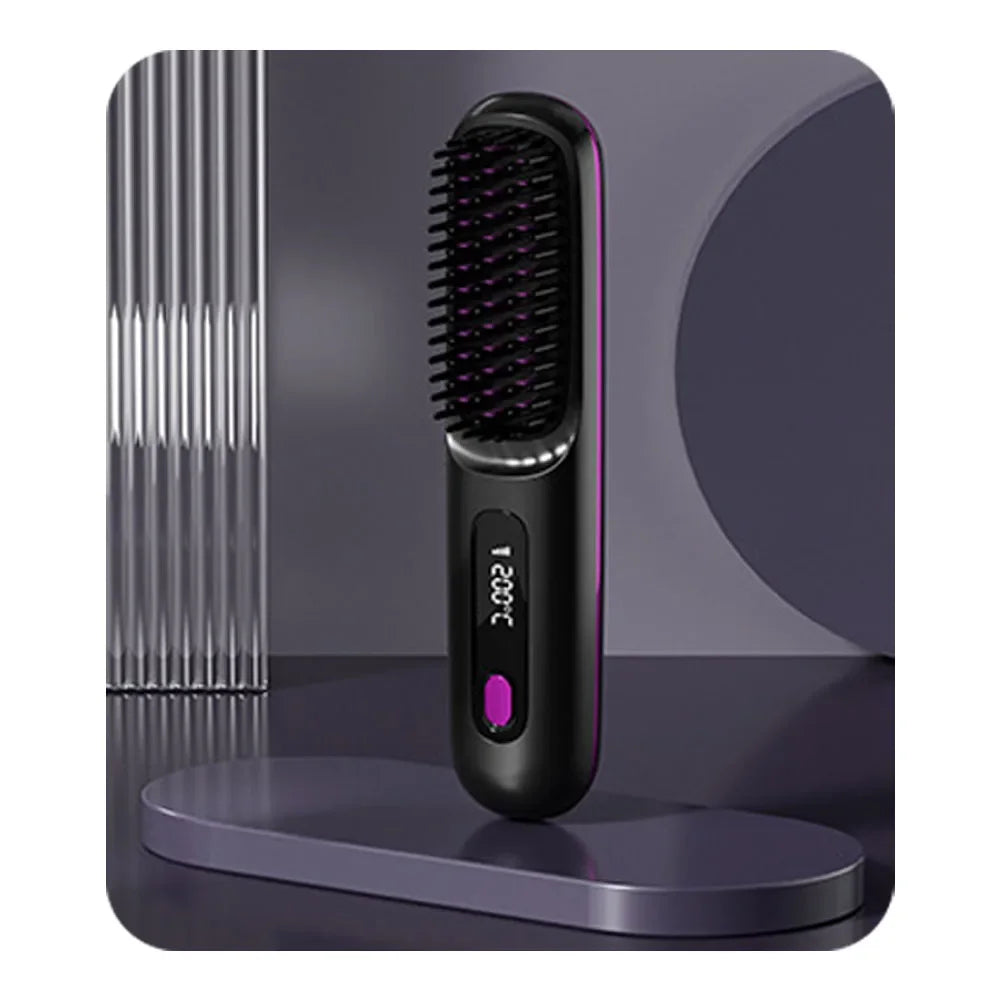 Showlu Smart Wireless Ionic Hair Straightener Brush in black, featuring anti-frizz technology and sleek design.