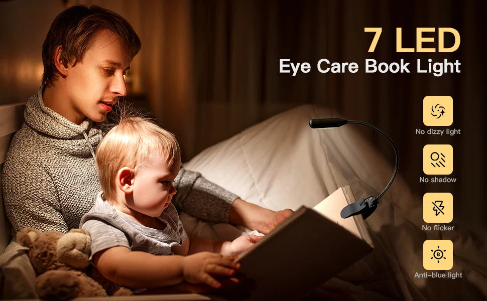 Showlu Smart General Claeted rechargeable clip reading light attached to a book, with adjustable LED light and compact design.