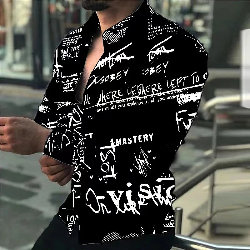 Men's long-sleeved 7-color Hawaiian shirt with 3D letter print, loose fit, spring style, super large size 6XL, by Showlu Fashion.