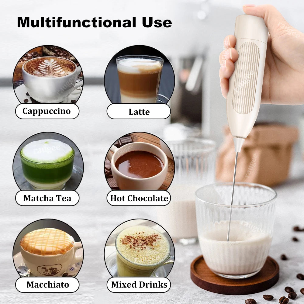 Showlu Smart General bcomfy handheld electric milk frother with stainless steel whisk for creamy froth and hot beverages.