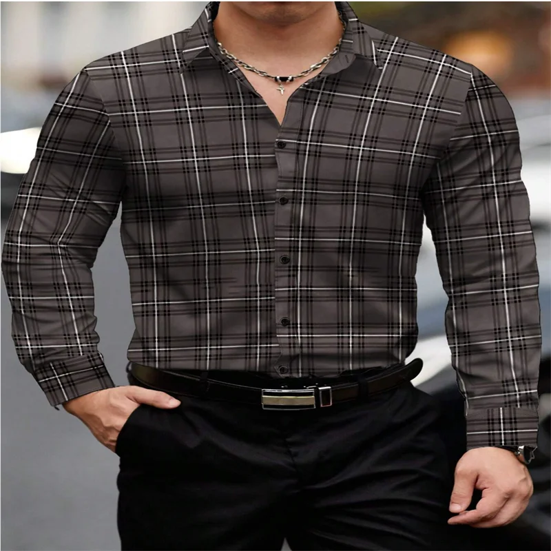 Men's classic red striped plaid long-sleeved shirt featuring a casual fashion design, suitable for everyday wear.
