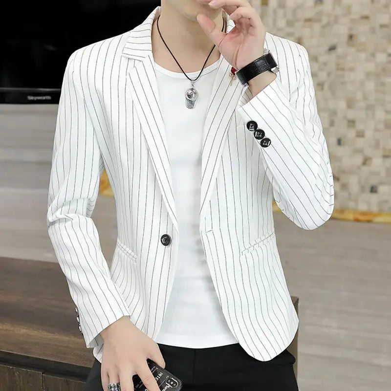 Slim fit men's plaid blazer by SHOWLU FASHION, casual Korean style jacket with striped pattern, tailored for a modern look.