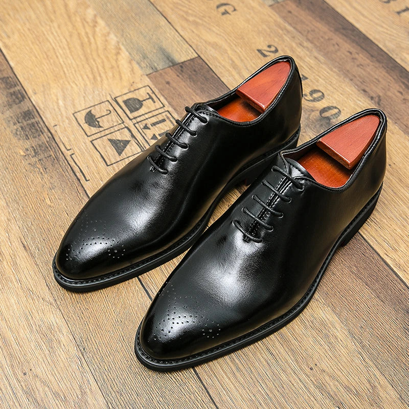 Men's black brogue shoes with red soles and lace-up design, stylish formal business shoes by Showlu Fashion Store.