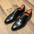 Men's black brogue shoes with red soles and lace-up design, stylish formal business shoes by Showlu Fashion Store.
