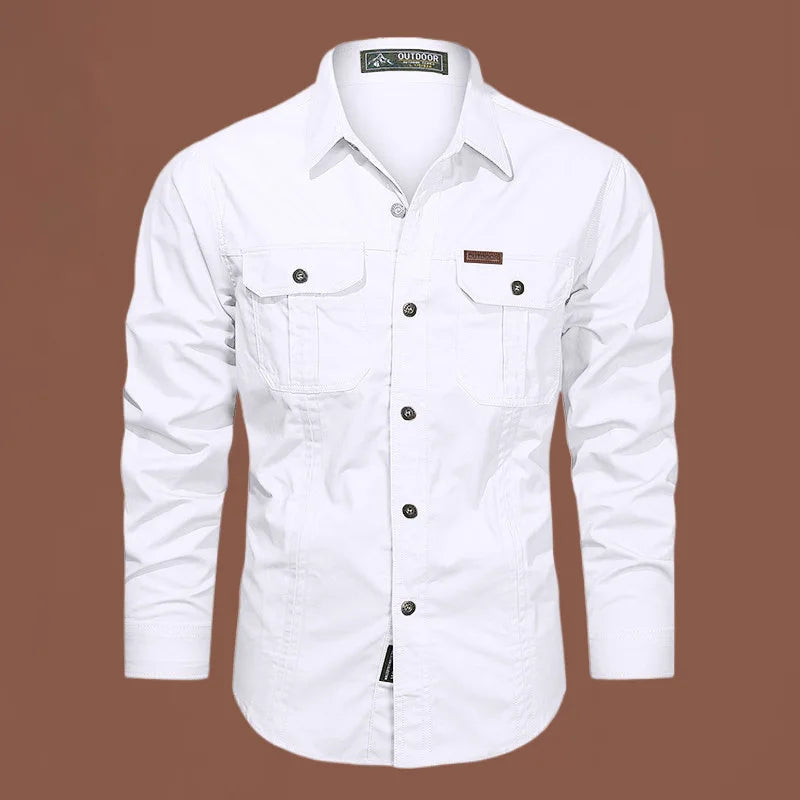 Men's SHOWLU cotton cargo shirt with long sleeves and multiple pockets, military-style overshirt in durable fabric.