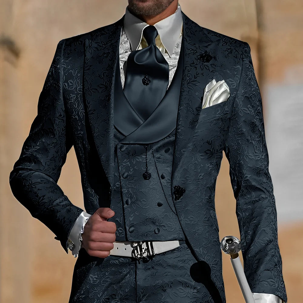 Jacquard men's 3-piece suit with jacket, pants, and vest, slim fit formal tuxedo for groom or party from Showlu Fashion.