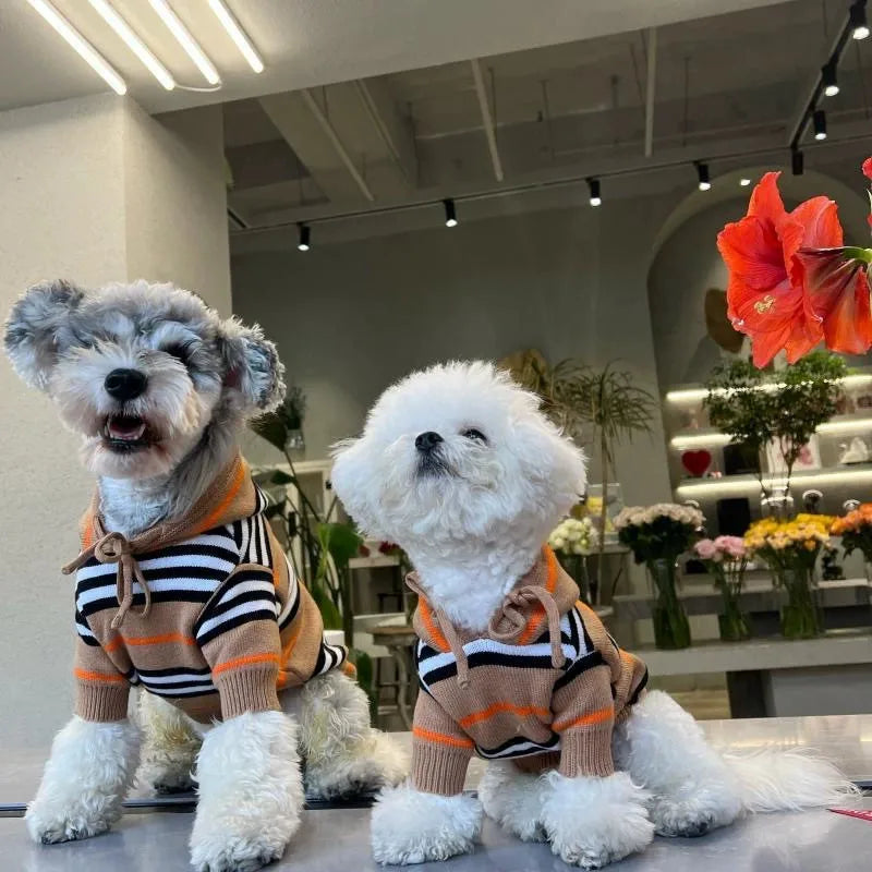 Striped Showlu Fashion dog sweater made of 100% cotton, warm pet pullover with blue, white, and red stripes for dogs.