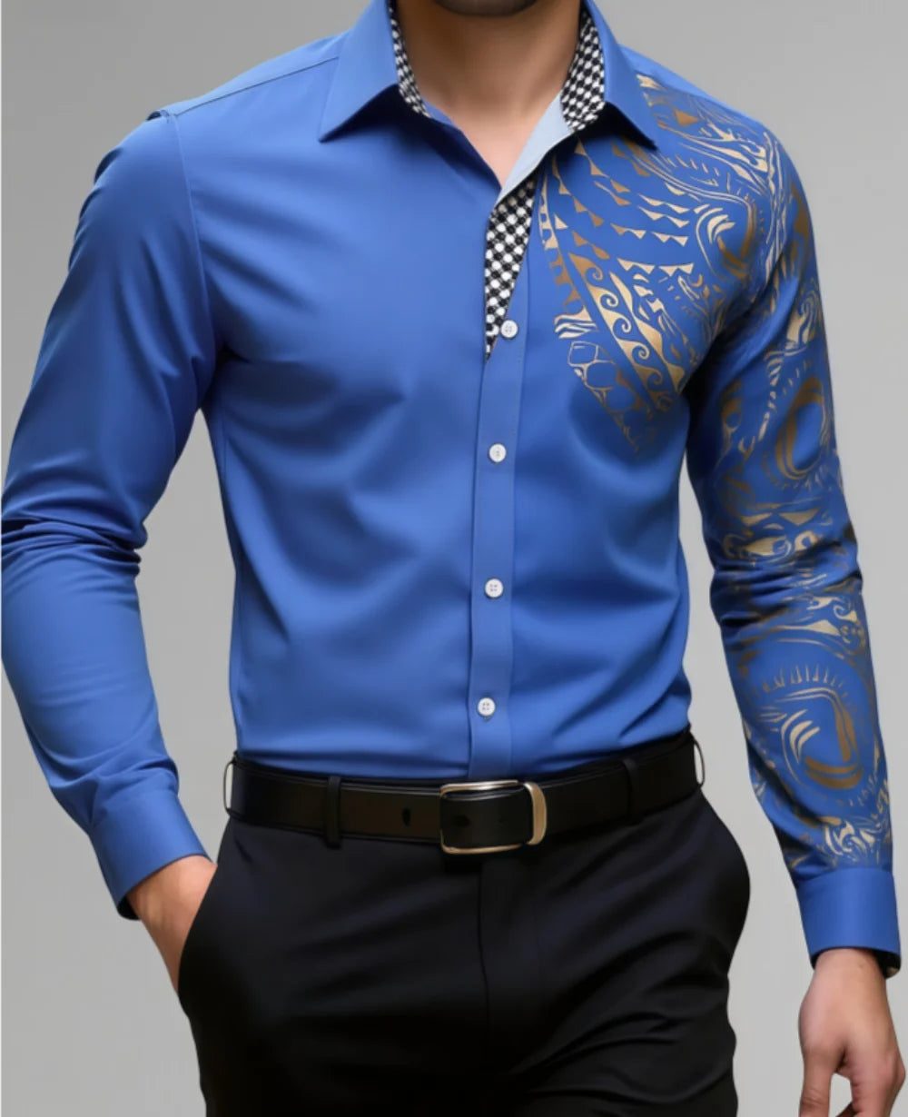 Men's stylish business casual long-sleeve shirt with printed collar, comfortable fit, ideal for social and party occasions, Showlu Fashion.